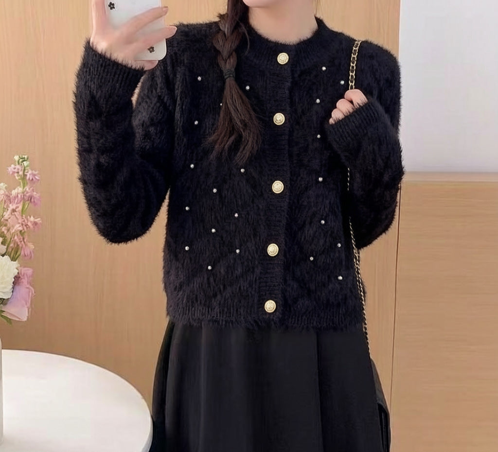 Damen Flauschiger Strickcardigan mit Perlen Drune