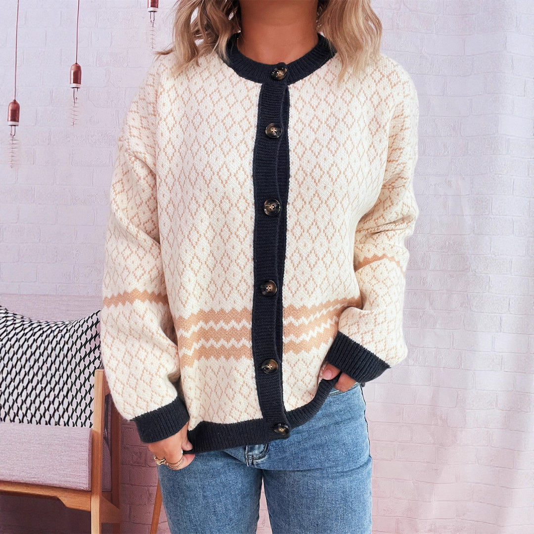 Damen Strickjacke mit geometrischem Muster und eleganten Knopfdetails Drune