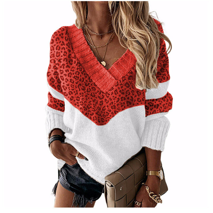 Damen V‑Ausschnitt Strickpullover mit Leo‑Print und Colorblock‑Design Drune