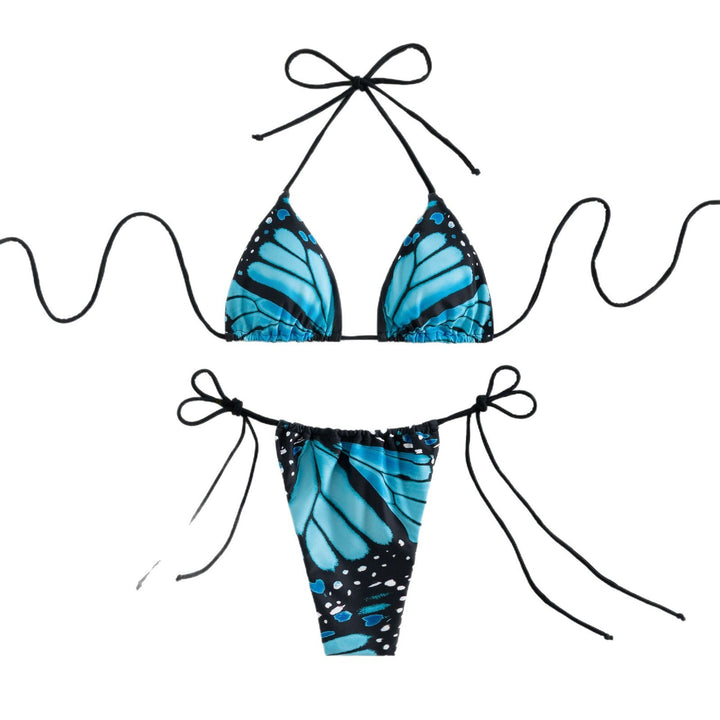 Damen Triangel-Bikini mit buntem Schmetterlingsmuster und verstellbaren Bindebändern Drune