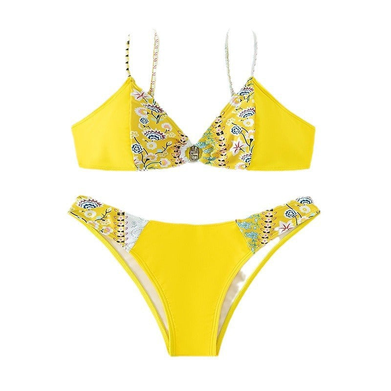 Damen Hoch tailliertes Bikini-Set mit buntem Blütenmuster und verstellbaren Trägern Drune