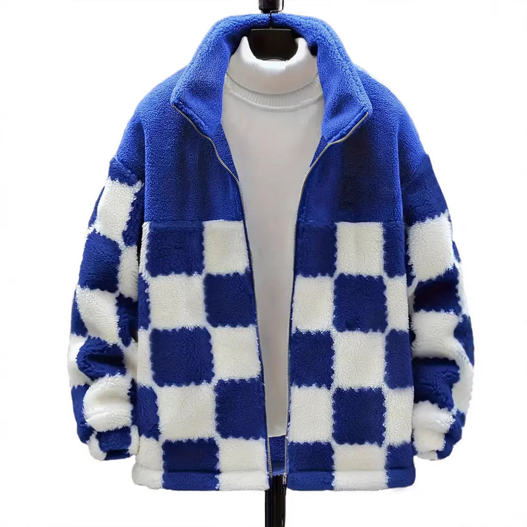 Damen Kariert‑Design Teddy‑Fleecejacke mit Stehkragen, Reißverschluss und Oversize‑Schnitt Drune