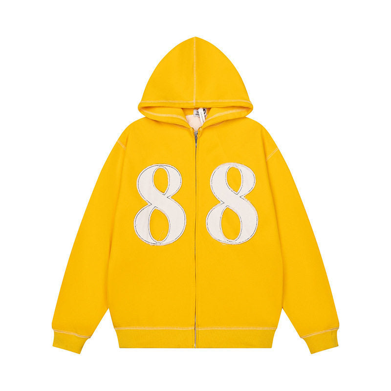 Unisex Oversize-Kapuzenjacke mit durchgehendem Reißverschluss und Ziffern-Applikationen Drune
