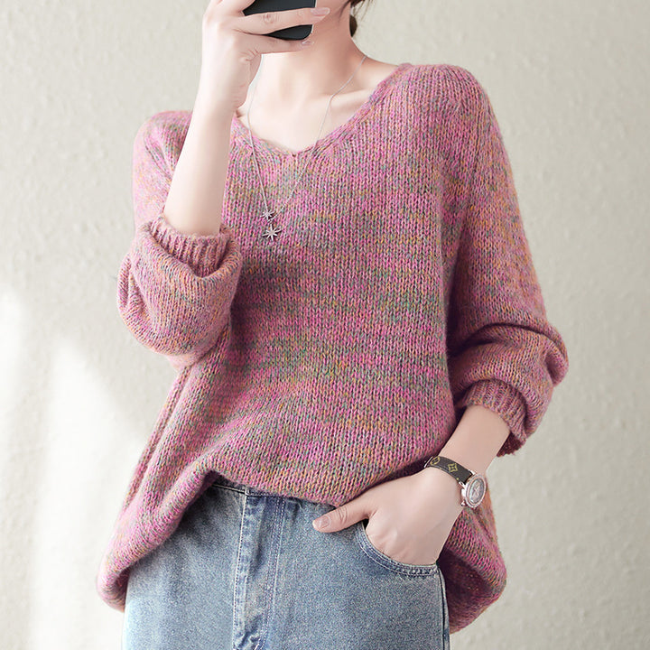 Damen bequemer Strickpullover mit V-Ausschnitt und lässigem Schnitt Drune