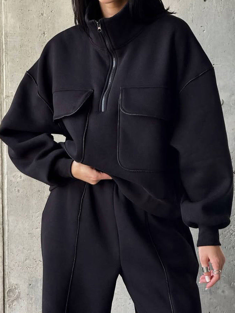Damen nan Oversize Halbzip-Sweatshirt mit aufgesetzten Klappentaschen und Kontrastpaspeln Drune