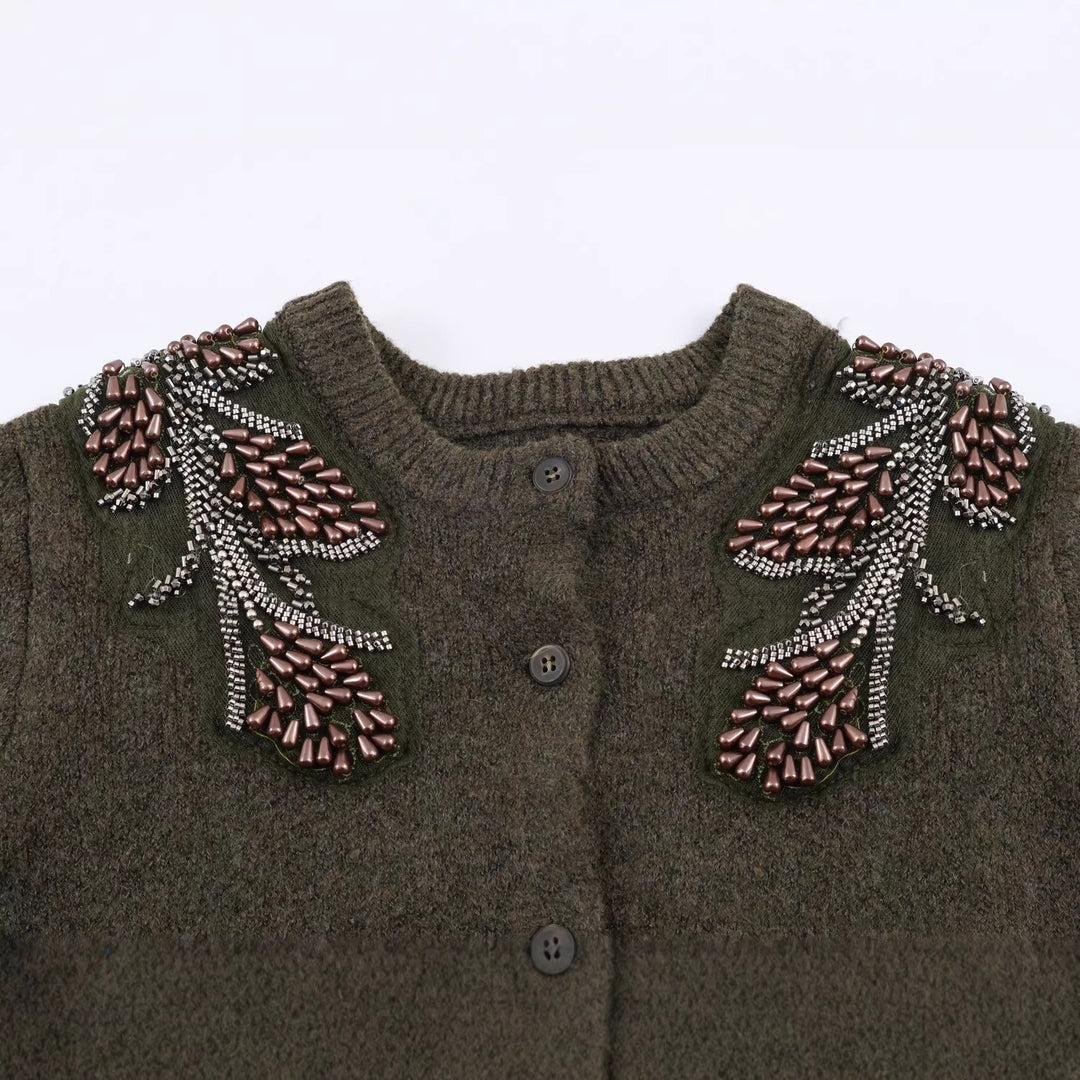 Damen Kurze Bouclé-Strickjacke mit Perlen- und Perlenapplikation an den Schultern Drune
