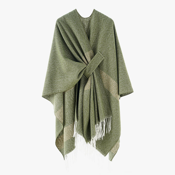 Damen Cape-Poncho mit Bindegürtel, asymmetrischem Zipfelsaum und Fransensaum Drune