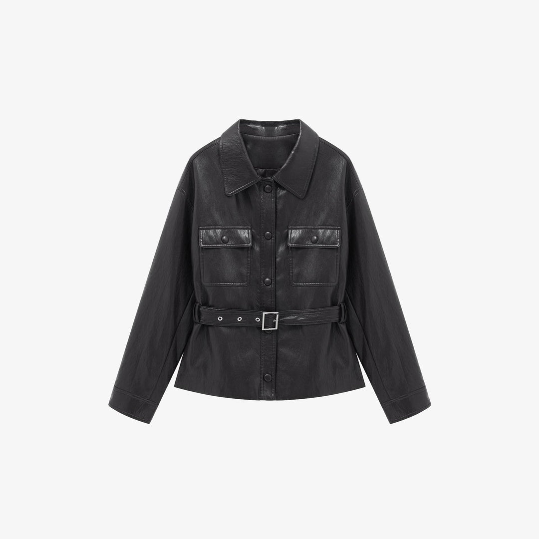 Damen Lederjacke mit Taillengürtel und aufgesetzten Pattentaschen Drune