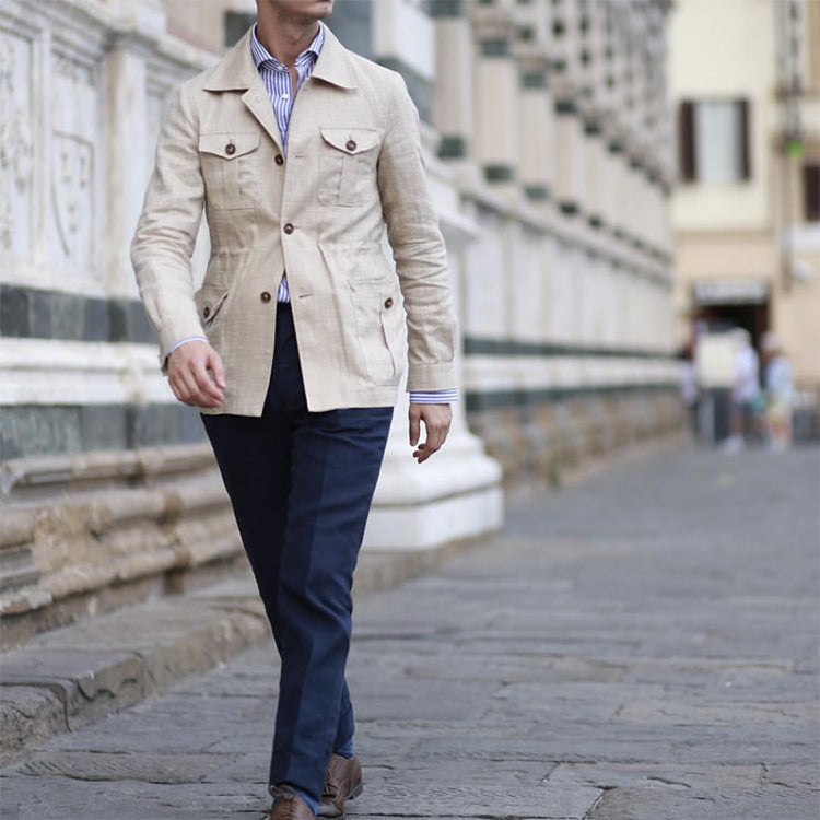 Herren Leinen-Mix Feldjacke mit Pattentaschen und taillierter Passform Drune