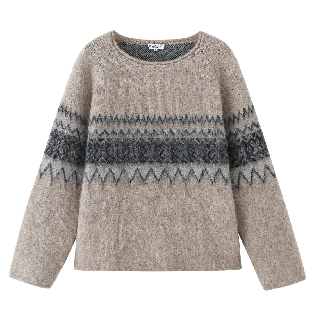 Damen Oversize Mohair-Mix Pullover mit Rundhals und Fair-Isle-Muster Drune