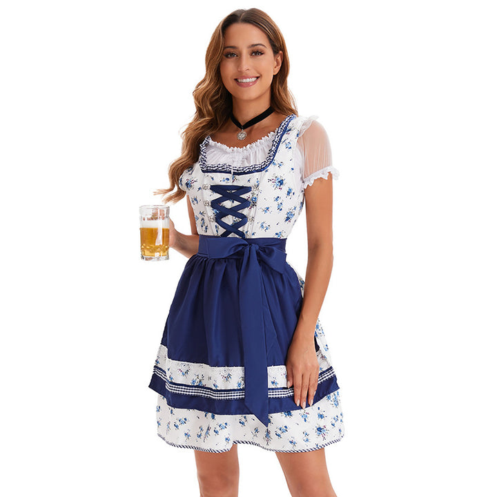 Damen nan kurzes Trachtenkleid im bayerischen Stil mit geschnürtem Mieder, Spitzenkragen und Schürzenrock Drune