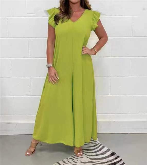 Damen gehobener Jumpsuit mit voluminösen Rüschenärmeln und V-Ausschnitt Drune