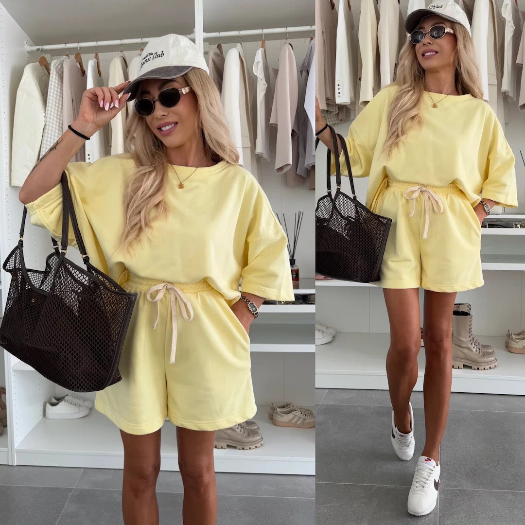 Damen lässiges Kurzarm Set aus Oversized Oberteil und Shorts Drune