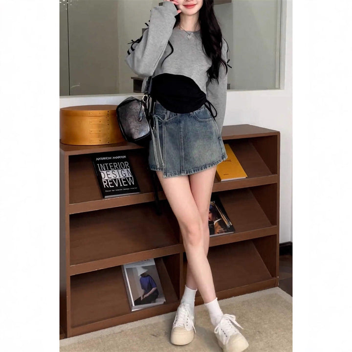 Damen lässiges Oversized-Crop-Top mit modischen Bindebändern Drune