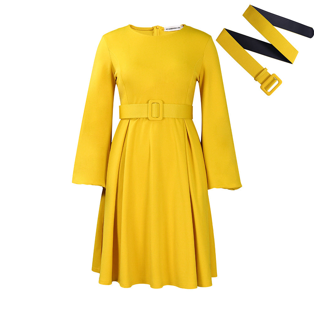 Damen Midi-Kleid mit ausgestellten Ärmeln und abnehmbarem Taillengürtel Drune
