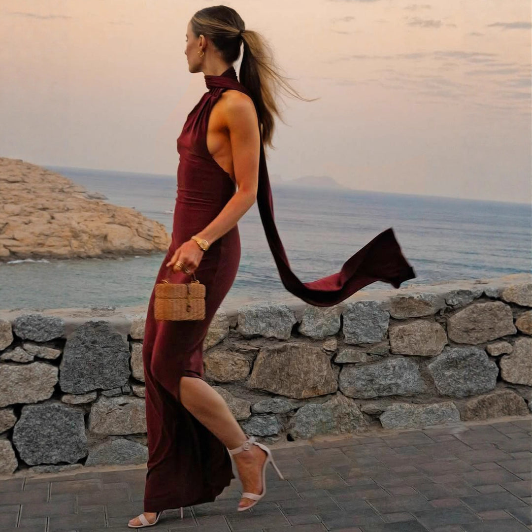 Damen Elegantes Maxikleid mit innovativem Wickeldesign und asymmetrischem Halterhals Drune