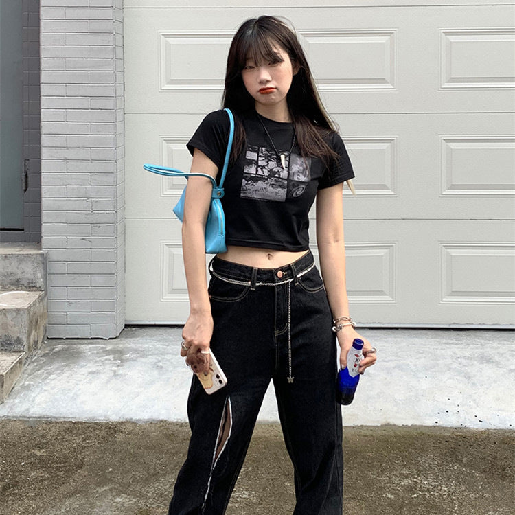 Damen Cropped T-Shirt mit kreativem Grafikdesign Drune