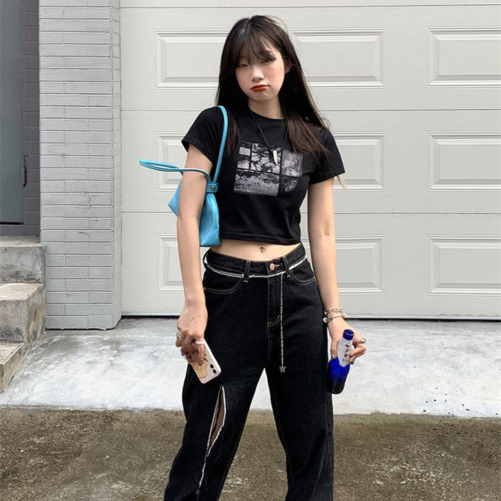 Damen Cropped T-Shirt mit kreativem Grafikdesign Drune