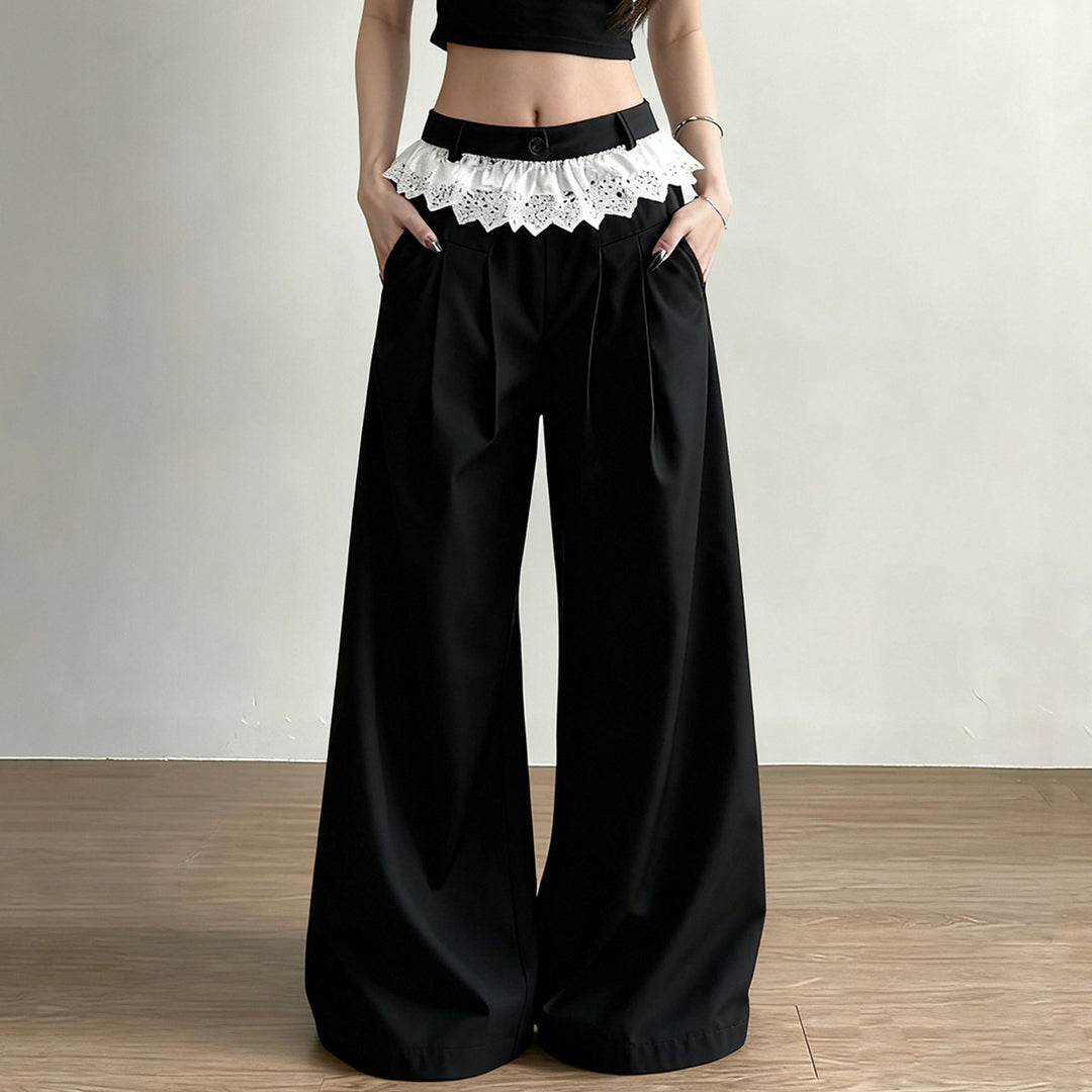 Damen Palazzo-Hose mit hohem Bund und dekorativem Spitzen-Volant Drune