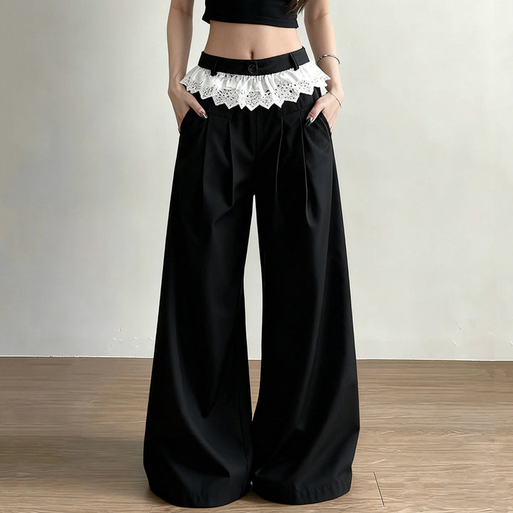 Damen Palazzo-Hose mit hohem Bund und dekorativem Spitzen-Volant Drune