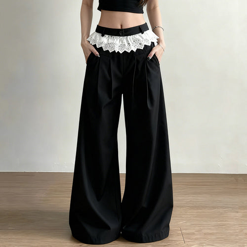 Damen Palazzo-Hose mit hohem Bund und dekorativem Spitzen-Volant Drune