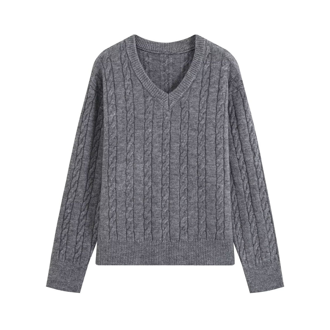 Damen Oversize Zopfmuster-Pullover mit V-Ausschnitt und breitem Rippbündchen Drune
