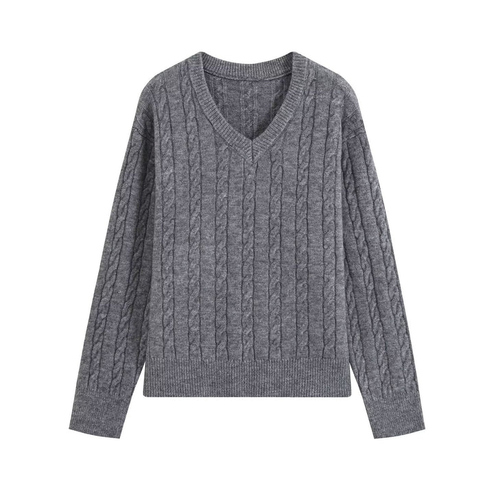 Damen Oversize Zopfmuster-Pullover mit V-Ausschnitt und breitem Rippbündchen Drune