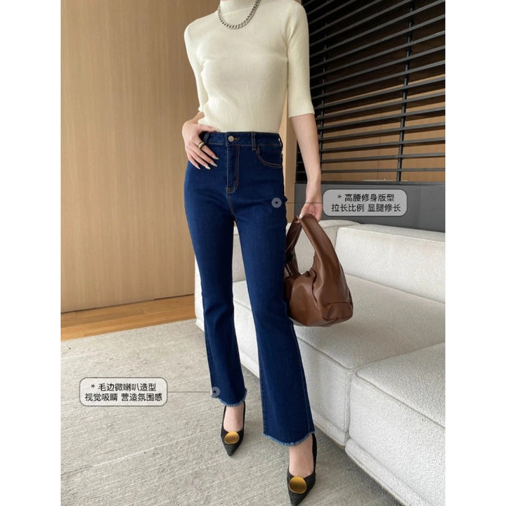 Damen High-Waist Flared Jeans mit fransigen Säumen Drune