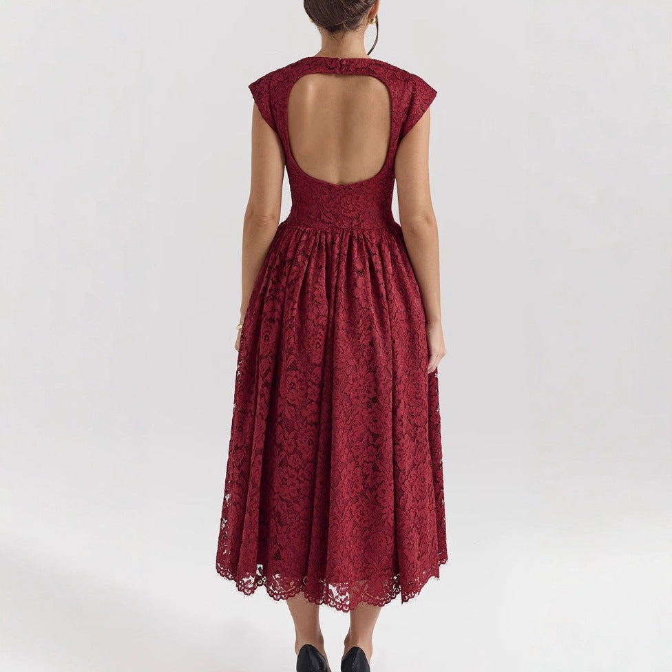 Damen Elegantes Spitzenkleid mit hochgeschlossenem Design und schwingendem Rock Drune