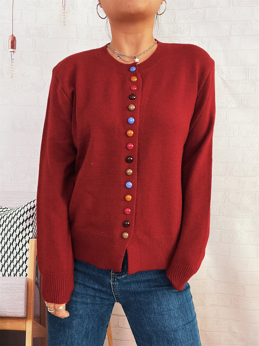 Damen Strickjacke mit farbenfrohem Knopfdetail Drune