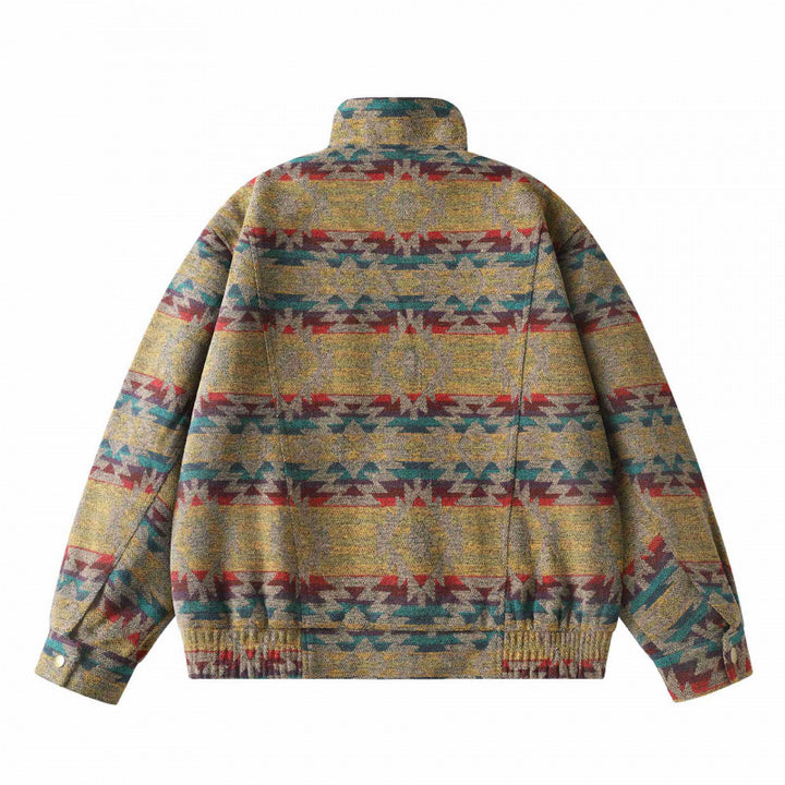 Unisex Kastenförmige Jacquard-Wolljacke im Bomberstil mit Stehkragen, Pattentaschen und elastischem Saum Drune