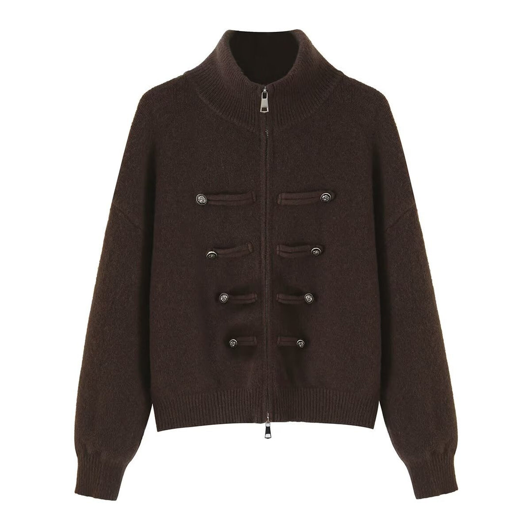 Damen Strickjacke mit Stehkragen, Reißverschluss und dekorativen Knotenblenden Drune