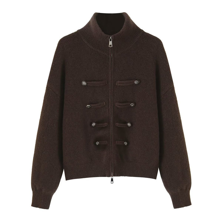 Damen Strickjacke mit Stehkragen, Reißverschluss und dekorativen Knotenblenden Drune