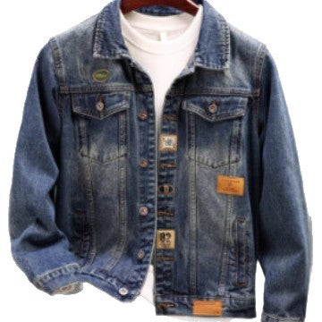 Herren Vintage-gewaschene Denimjacke mit Markenpatches, Brustklappen und geradem Schnitt Drune