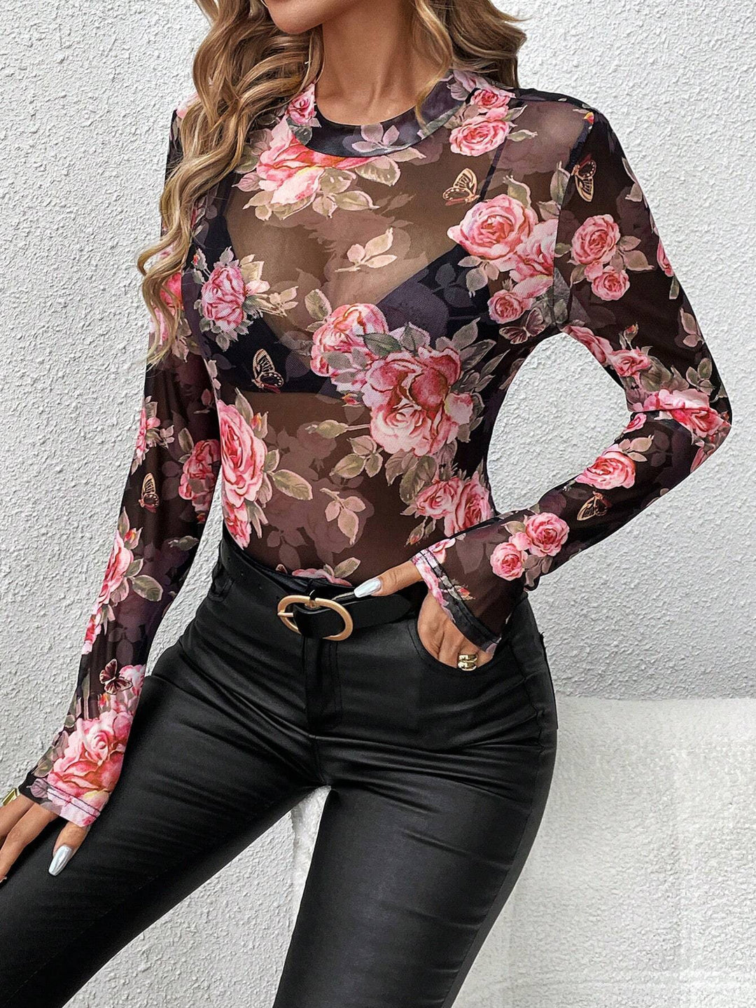 Damen nan transparentes figurbetontes Langarmshirt mit floralem Rosendruck und Stehkragen Drune