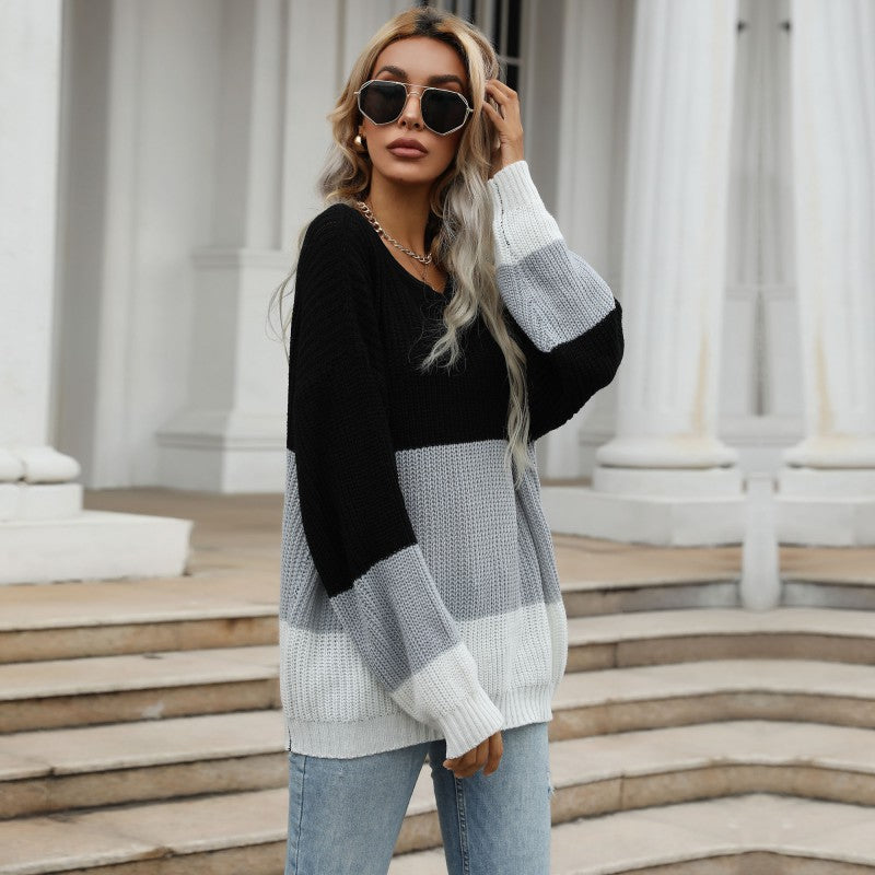 Damen Oversize-Feinstrickpullover mit breiten Blockstreifen und Rundhalsausschnitt Drune