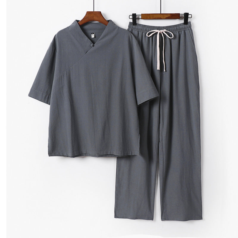 Unisex Leichtes Kimono-Loungewear-Set mit V-Ausschnitt und Tunnelzug-Hose Drune