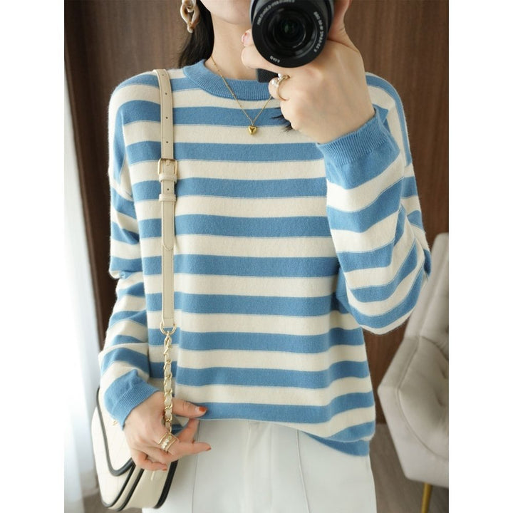 Damen lässiger Strickpullover mit breiten Streifen Drune