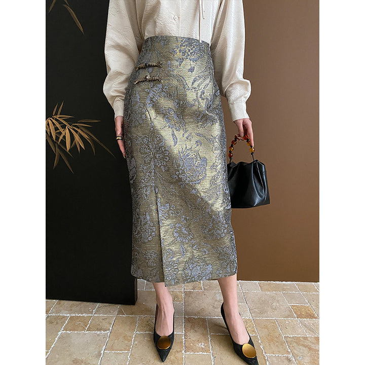 Damen eleganter Maxirock mit floralem Muster und seitlichem Schlitz Drune