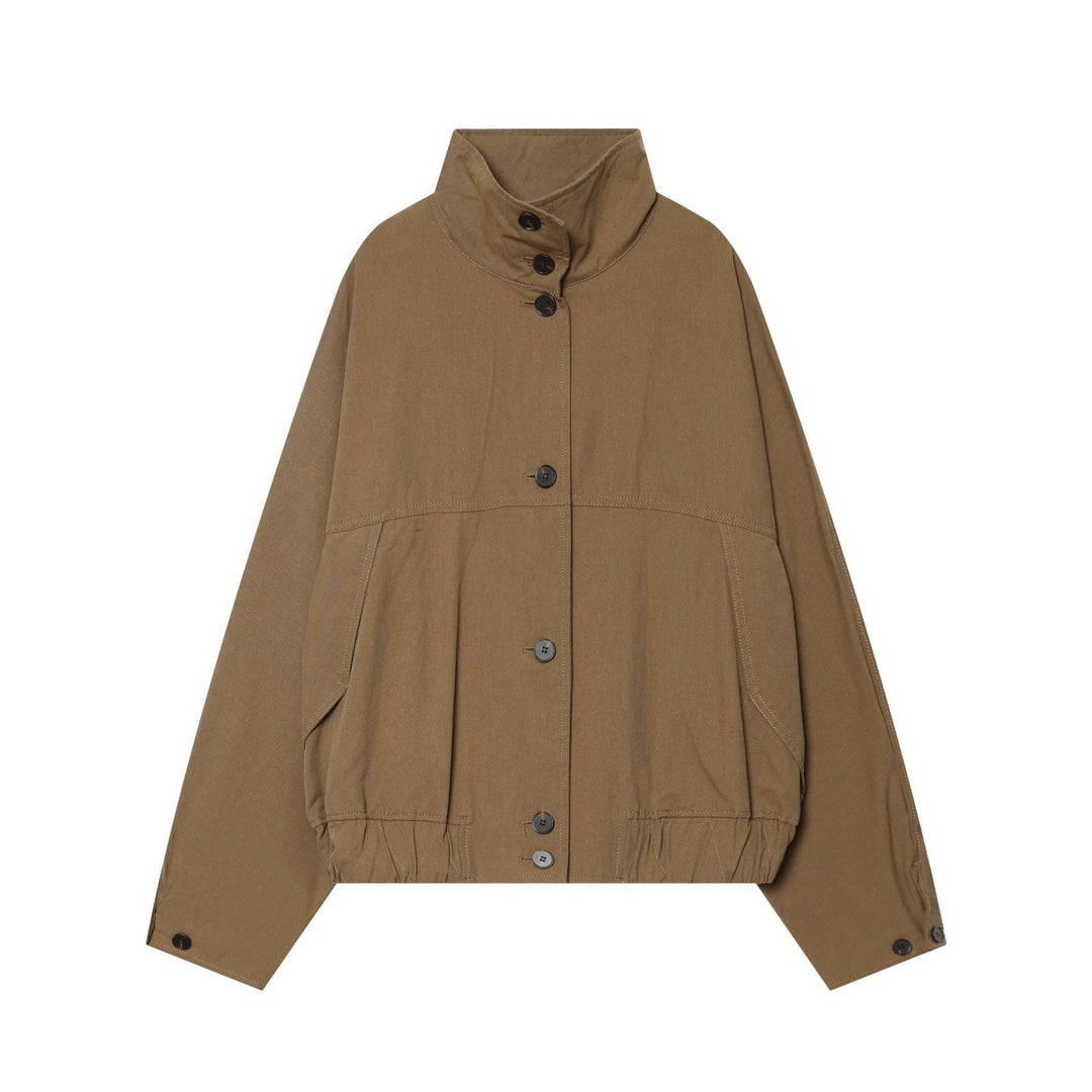 Damen nan kurze Utility-Cropped-Jacke mit hohem Stehkragen, Kordelzugtaillierung und durchgehender Knopfleiste Drune