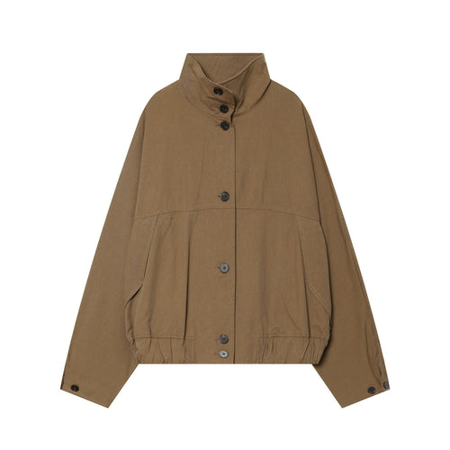 Damen nan kurze Utility-Cropped-Jacke mit hohem Stehkragen, Kordelzugtaillierung und durchgehender Knopfleiste Drune