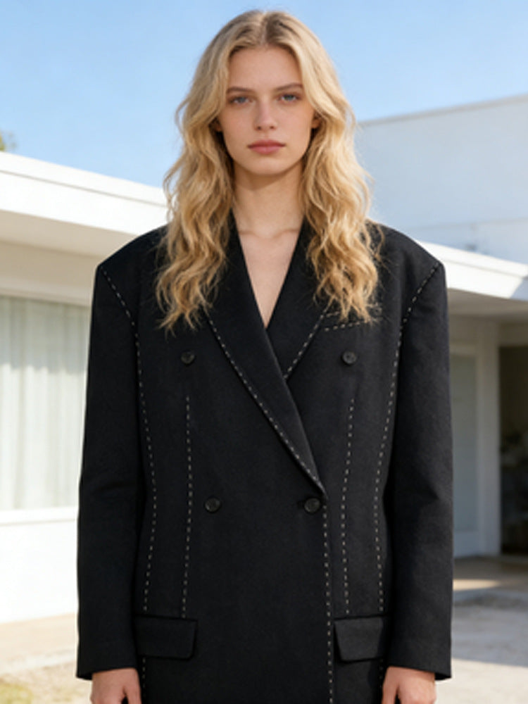 Damen Doppelreihiger Oversize-Mantelblazer mit markanter Schulterpartie & Ziersteppungen Drune