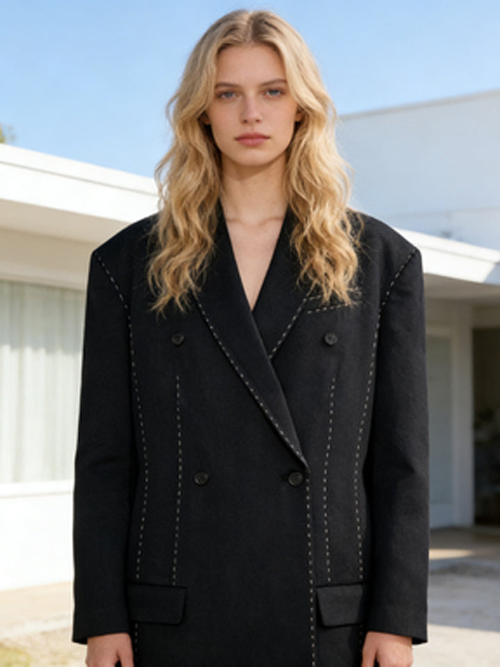 Damen Doppelreihiger Oversize-Mantelblazer mit markanter Schulterpartie & Ziersteppungen Drune