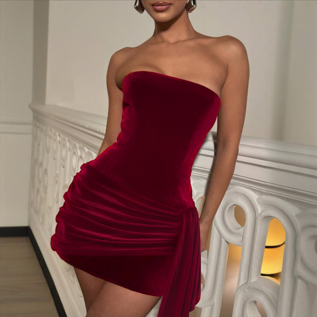 Damen elegantes Minikleid mit asymmetrischen Rüschendetails und schulterfreiem Design Drune