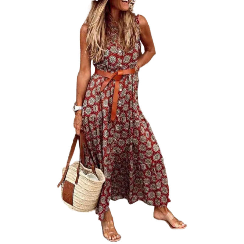 Damen Bohemian Maxi Kleid mit verstellbarem Gürtel Drune