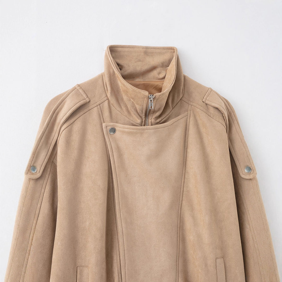 Damen Kurzjacke im Wildleder‑Look mit hohem Stehkragen, Schulterklappen und Taillengürtel Drune