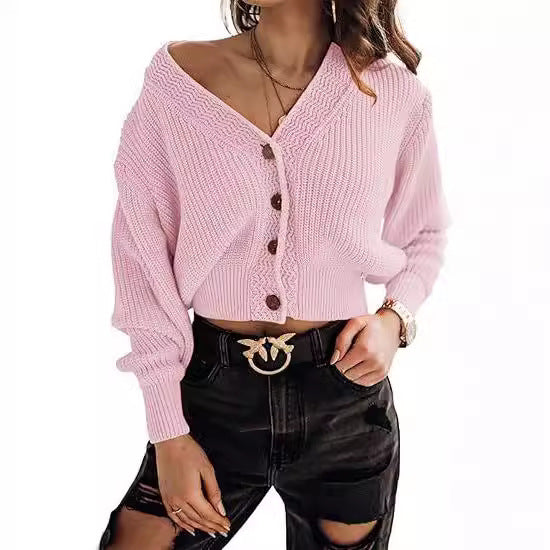 Damen cropped Strickjacke mit tiefem V-Ausschnitt und elegantem Knopfverschluss Drune