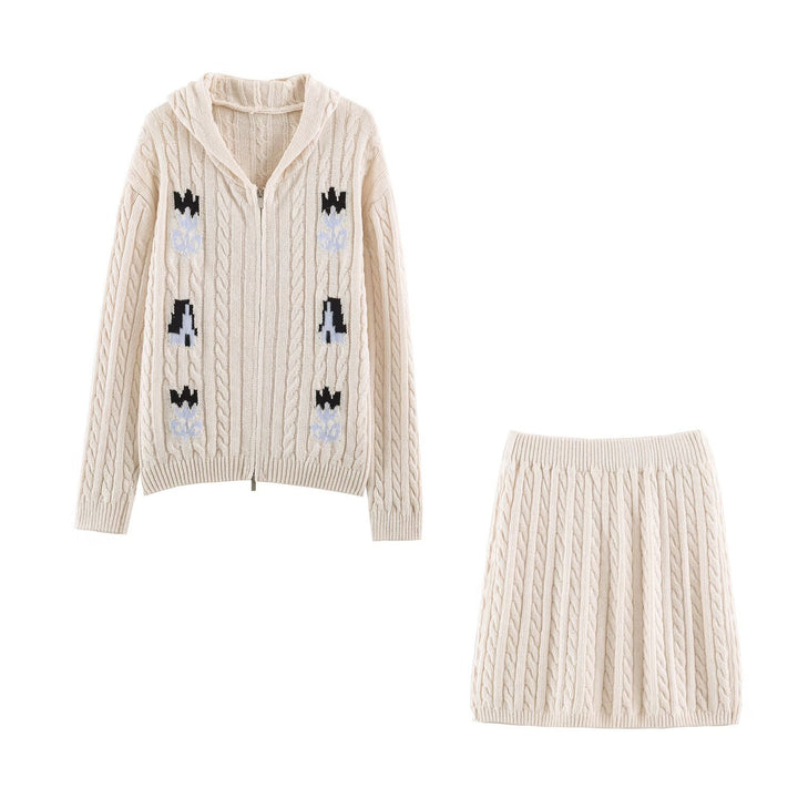 Damen Zweiteiliges Strick-Set mit Zipper-Kapuzenjacke und kurzem Zopfmuster-Rock Drune