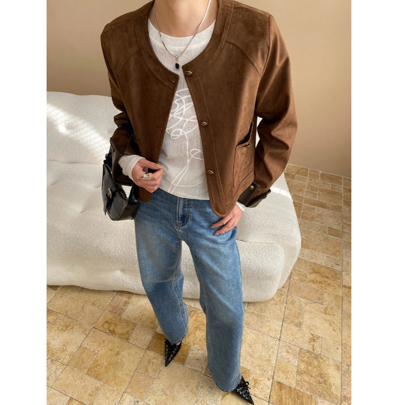 Damen elegante Wildlederjacke mit knopffreier Front und subtilen Taschen Drune