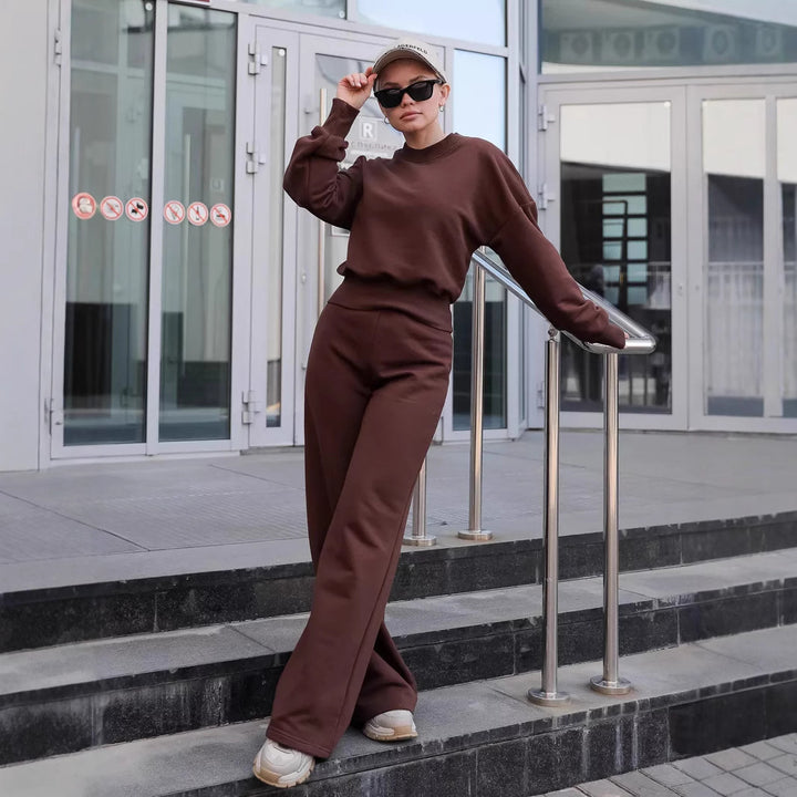 Damen Loungewear-Set mit weitem Crewneck-Sweater und High-Waist Palazzohose Drune